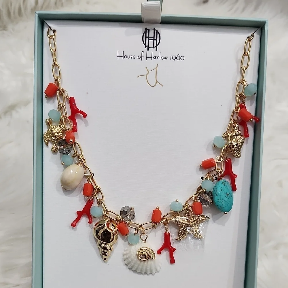 🪸▪️House of Harlow▪️ 1960 Gold and Coral Natural Shell 17in Charm  Necklace